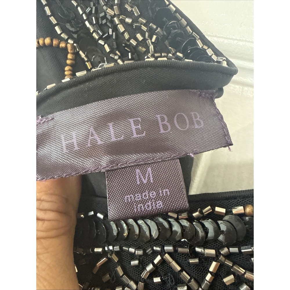 Hale Bob Beaded Sequin Dress Black Geometric Art Deco V-Neck Cocktail Medium M - Picture 12 of 15